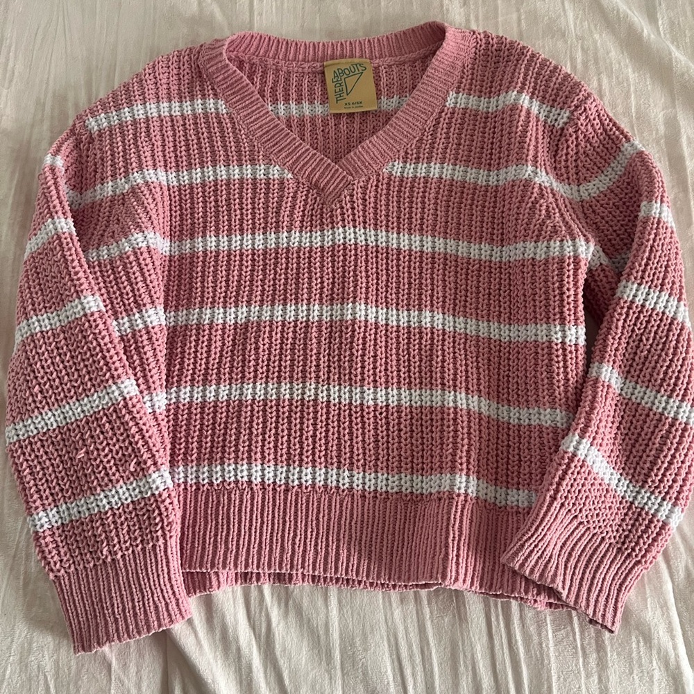 Girls 6/6x Pink and White Striped V-Neck Sweater